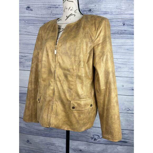 JM Collection Faux Leather Zip Up Jacket Womens 12p Snake Brown Pockets Lined - Picture 1 of 13